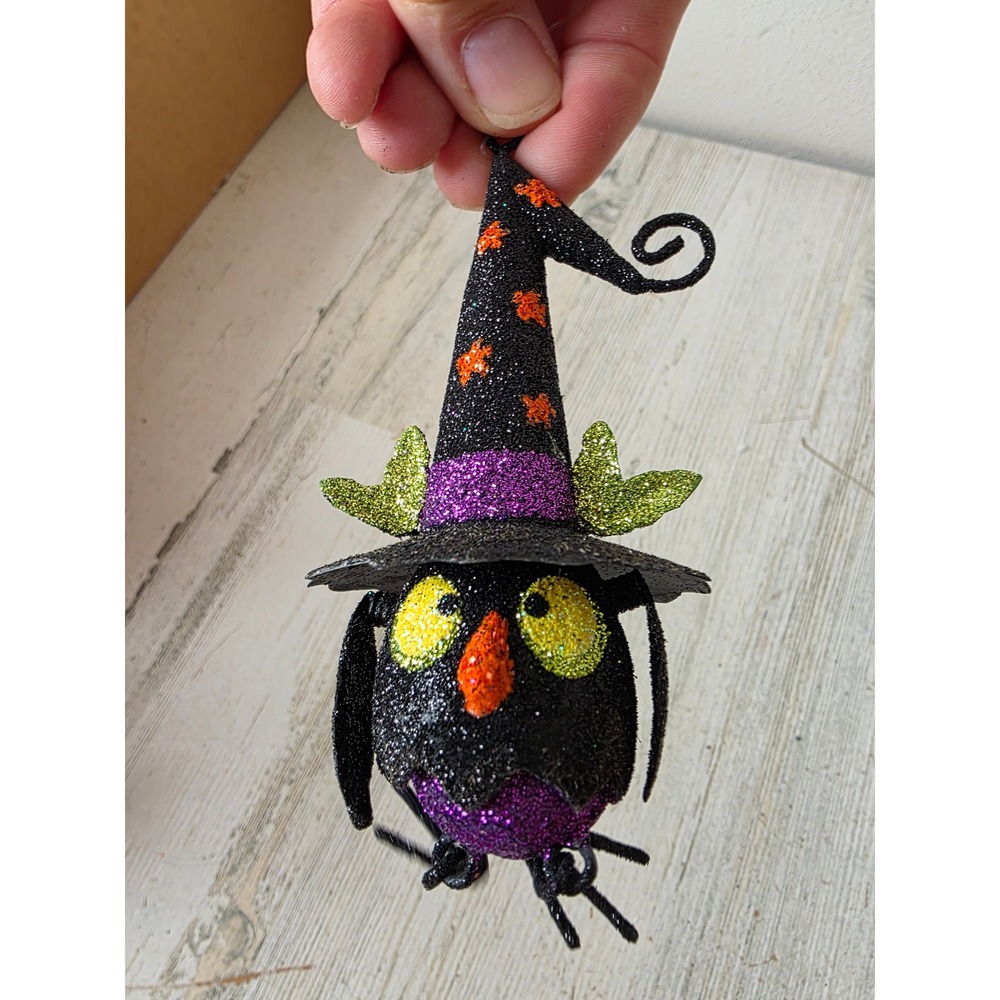 Vintage Pier 1 glitter owl witch RARE ornament metal wizard Halloween tree decor